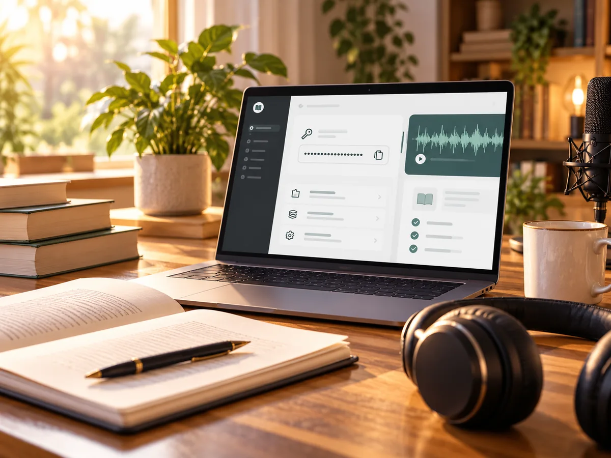 Bureau avec ordinateur affichant des clés API et une interface de génération audio IA